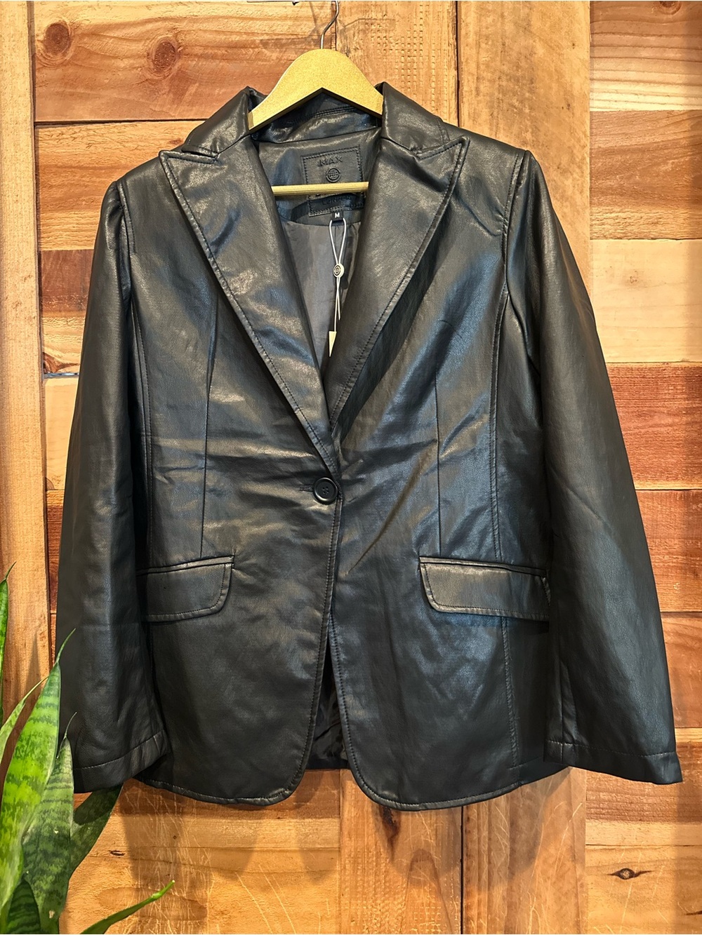 Max Studio London-Classic Black faux Leather Blazer Jacket - Women